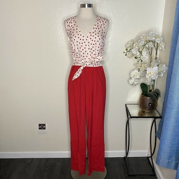 AB Lambdin Womens Red Polka Dot Wide Leg Jumpsuit - Picture 1 of 9